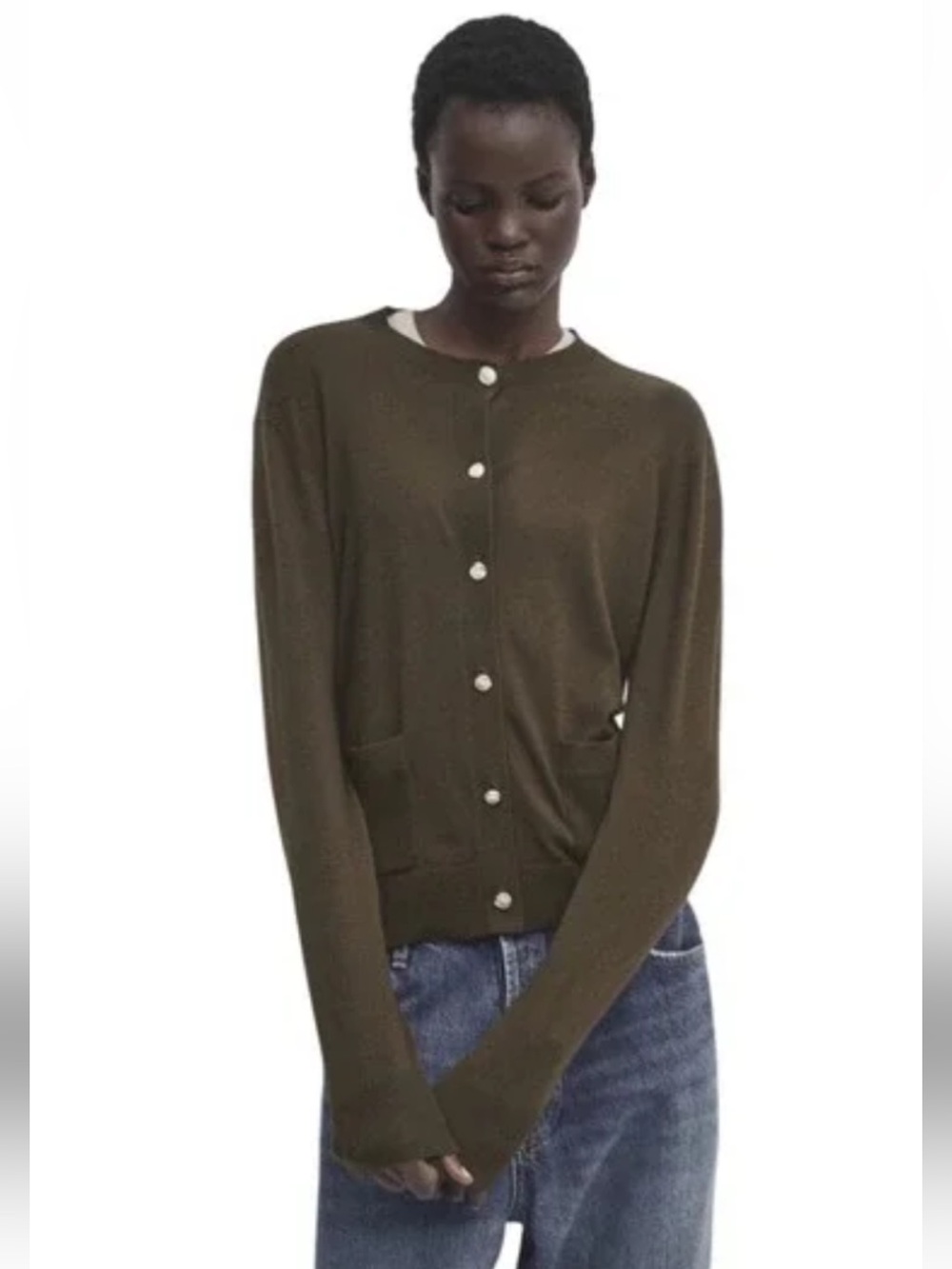 NWT Massimo Dutti Olive Green Knit Crewneck Cardigan Sweater Gold Buttons Size S